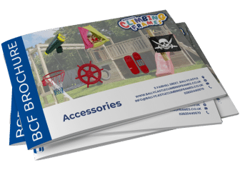 Brochure titled "Accessories" with playground items like swings and slides displayed.