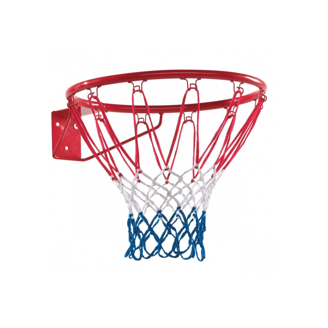 Red basketball hoop with a red, white, and blue net.
