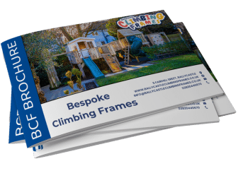 Brochure cover featuring a colorful children's climbing frame set in a garden.
