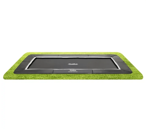 Rectangular in-ground trampoline with green border, black landing mat.