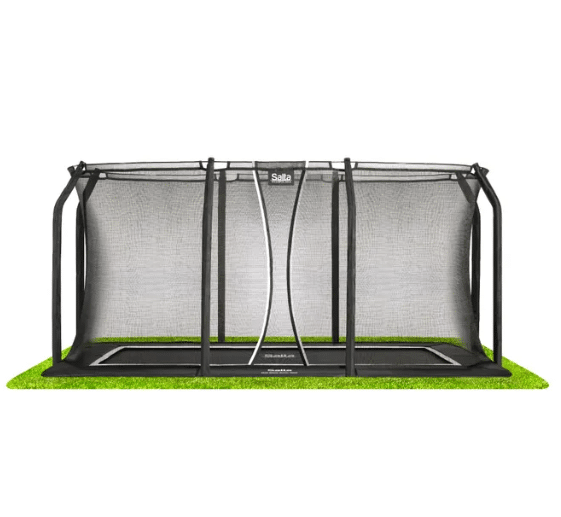 Rectangular trampoline with safety net and black frame on a grassy surface.