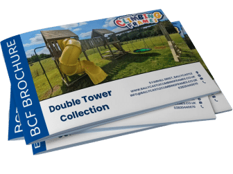 BCF brochure featuring play equipment with slides and climbing frames on a grassy field.