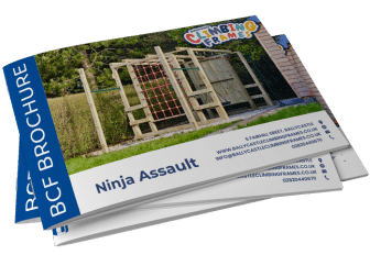 Brochure titled "Ninja Assault" featuring a wooden climbing frame in a garden setting.