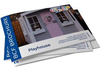 Brochure stack featuring a pink and white playhouse with windows and a wreath.