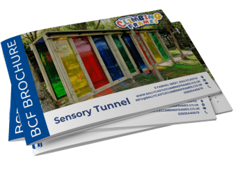 Brochure with colorful sensory tunnel image and contact details.
