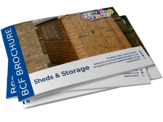 Brochure featuring sheds and storage with wooden shed images.