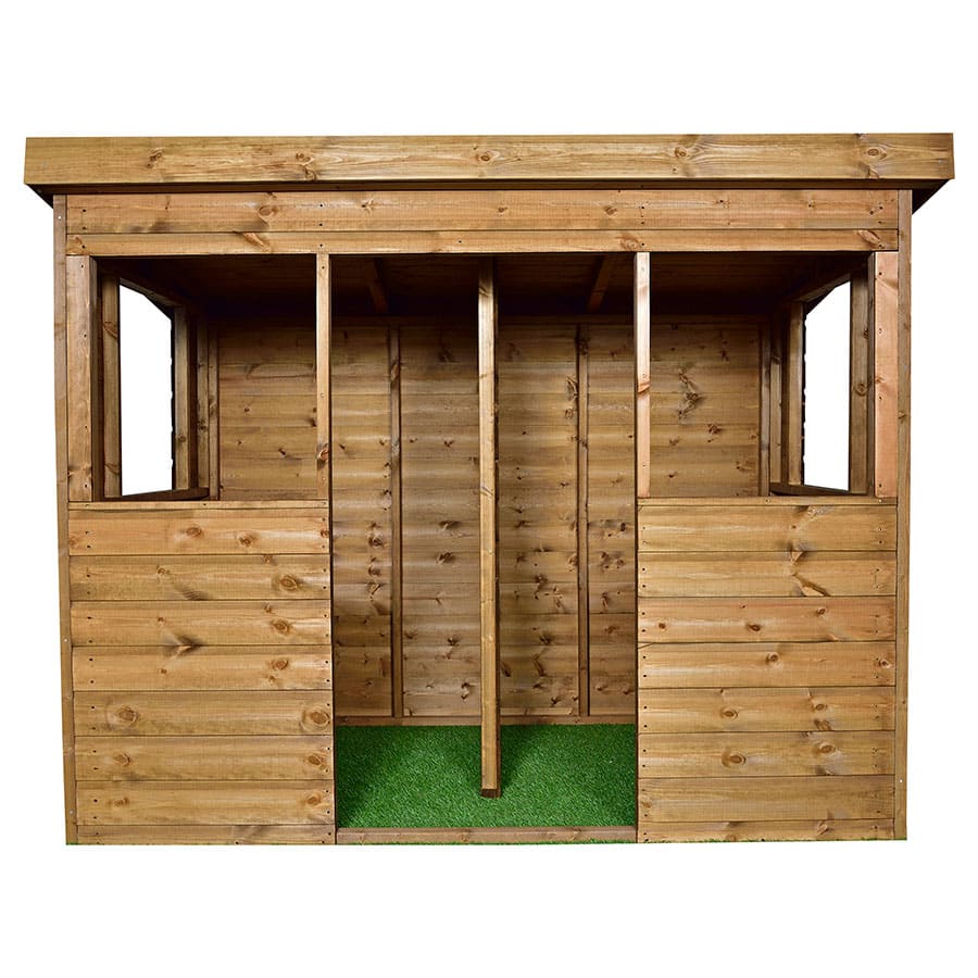 Wooden children's outdoor playhouse with open roof.
