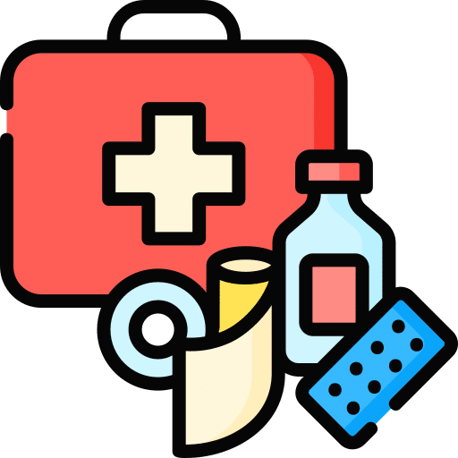 Red first aid kit with medical cross, tape, bandage, and medication bottle.