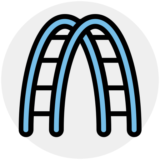 Icon of a blue jungle gym with two opposing arches and ladder-like rungs on a circular background.