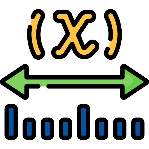 Mathematical range concept with "X" symbol, green arrow, and blue scale.