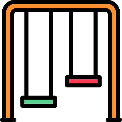 Swing set with two seats, one red and one green, on an orange frame.