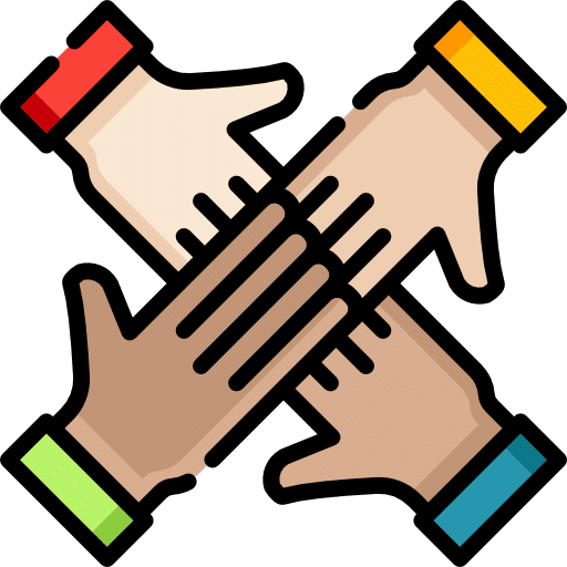 Four diverse hands connected in a square, symbolizing teamwork and unity.