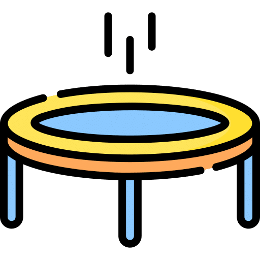 Cartoon illustration of a trampoline with a blue mat and yellow frame.